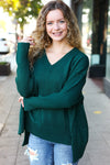 Explore More Collection - Casual Chic Hunter Green Oversized V Neck Rib Knit Sweater