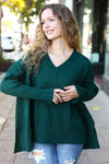 Explore More Collection - Casual Chic Hunter Green Oversized V Neck Rib Knit Sweater