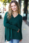 Explore More Collection - Casual Chic Hunter Green Oversized V Neck Rib Knit Sweater