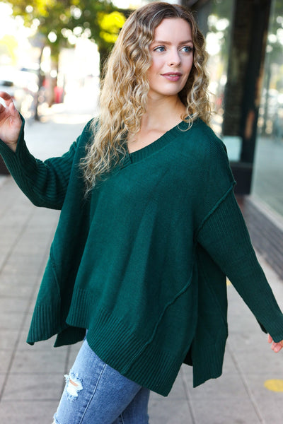 Explore More Collection - Casual Chic Hunter Green Oversized V Neck Rib Knit Sweater