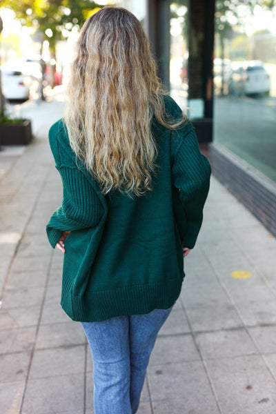 Explore More Collection - Casual Chic Hunter Green Oversized V Neck Rib Knit Sweater