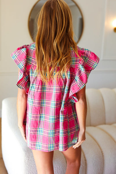 Explore More Collection - Fuchsia Plaid Shirred Yoke Flutter Sleeve Top