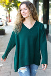 Explore More Collection - Casual Chic Hunter Green Oversized V Neck Rib Knit Sweater