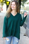 Explore More Collection - Casual Chic Hunter Green Oversized V Neck Rib Knit Sweater