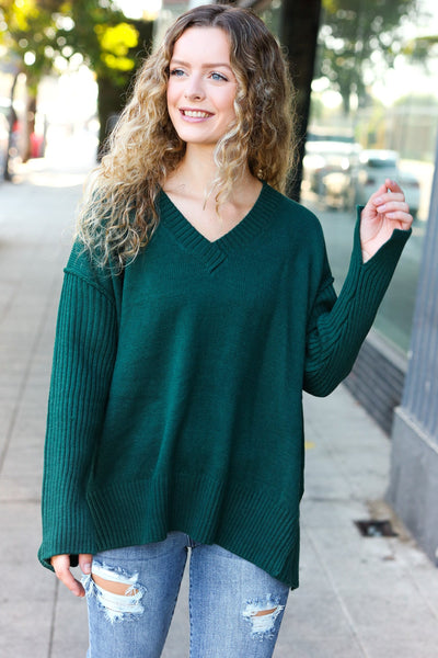 Explore More Collection - Casual Chic Hunter Green Oversized V Neck Rib Knit Sweater