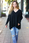 Explore More Collection - Casual Chic Black Oversized V Neck Rib Knit Sweater