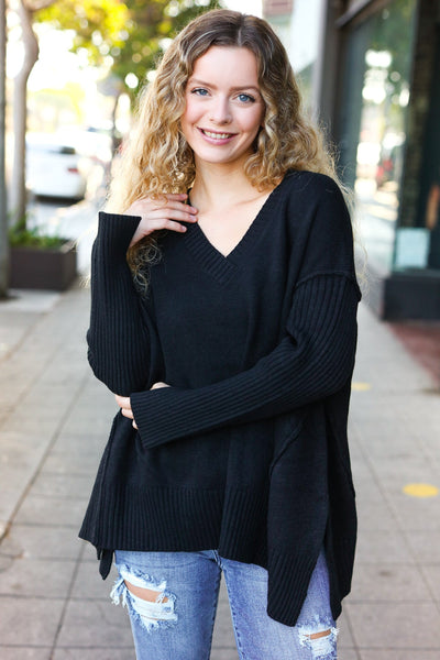 Explore More Collection - Casual Chic Black Oversized V Neck Rib Knit Sweater