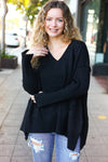 Explore More Collection - Casual Chic Black Oversized V Neck Rib Knit Sweater