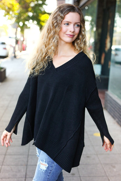 Explore More Collection - Casual Chic Black Oversized V Neck Rib Knit Sweater