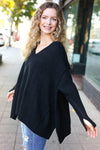 Explore More Collection - Casual Chic Black Oversized V Neck Rib Knit Sweater