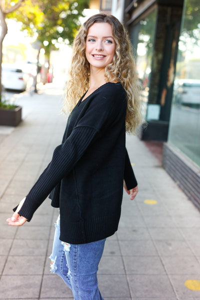 Explore More Collection - Casual Chic Black Oversized V Neck Rib Knit Sweater