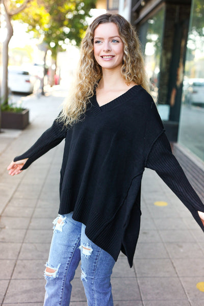 Explore More Collection - Casual Chic Black Oversized V Neck Rib Knit Sweater