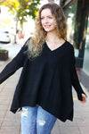 Explore More Collection - Casual Chic Black Oversized V Neck Rib Knit Sweater