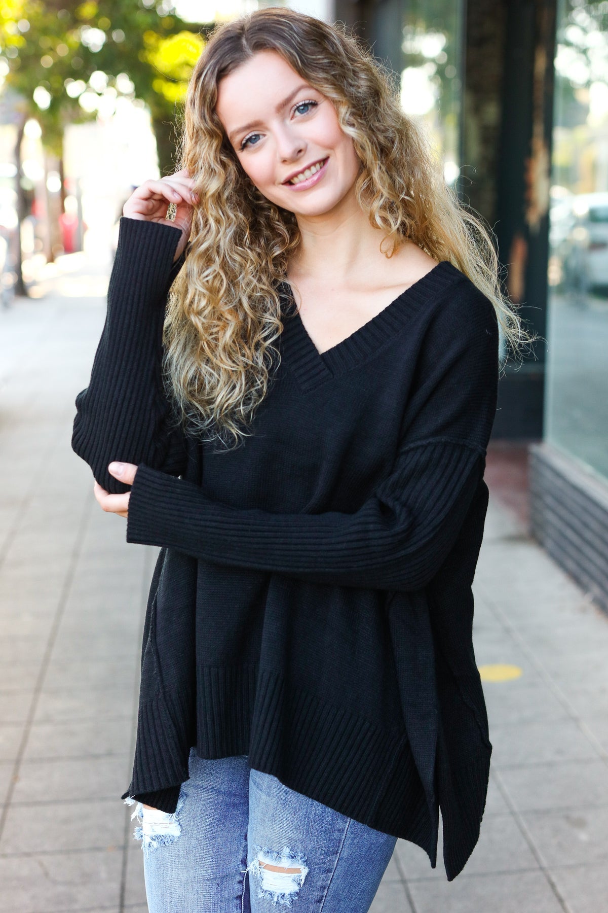 Explore More Collection - Casual Chic Black Oversized V Neck Rib Knit Sweater