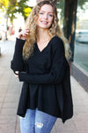 Explore More Collection - Casual Chic Black Oversized V Neck Rib Knit Sweater