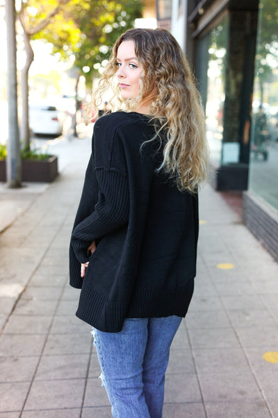 Explore More Collection - Casual Chic Black Oversized V Neck Rib Knit Sweater