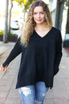 Explore More Collection - Casual Chic Black Oversized V Neck Rib Knit Sweater