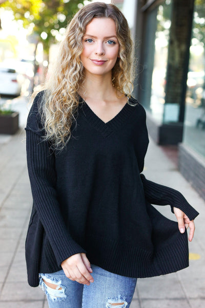 Explore More Collection - Casual Chic Black Oversized V Neck Rib Knit Sweater