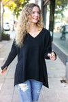 Explore More Collection - Casual Chic Black Oversized V Neck Rib Knit Sweater