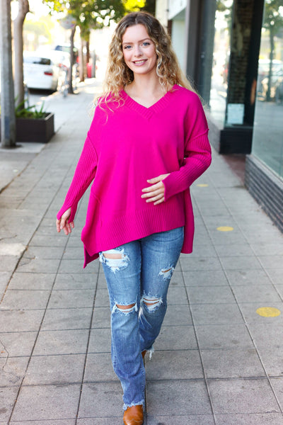 Explore More Collection - Be Bold Magenta Oversized V Neck Rib Knit Sweater