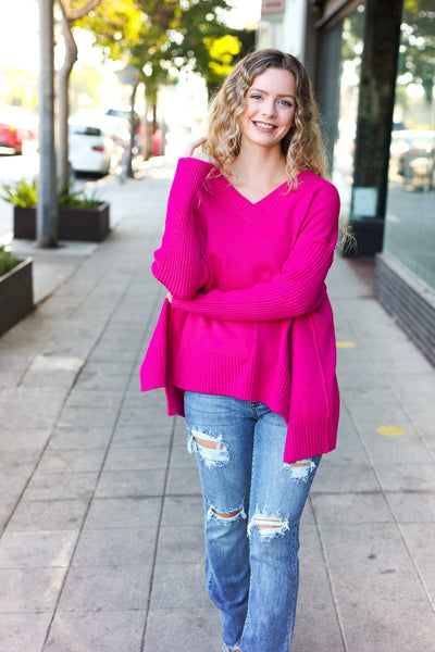 Explore More Collection - Be Bold Magenta Oversized V Neck Rib Knit Sweater