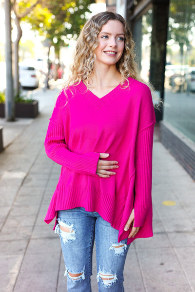 Explore More Collection - Be Bold Magenta Oversized V Neck Rib Knit Sweater