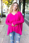 Explore More Collection - Be Bold Magenta Oversized V Neck Rib Knit Sweater