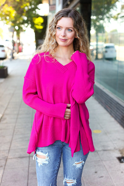 Explore More Collection - Be Bold Magenta Oversized V Neck Rib Knit Sweater