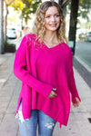 Explore More Collection - Be Bold Magenta Oversized V Neck Rib Knit Sweater