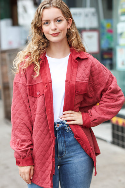 Explore More Collection - Marsala Quilted Knit Button Down Shacket