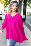 Explore More Collection - Be Bold Magenta Oversized V Neck Rib Knit Sweater