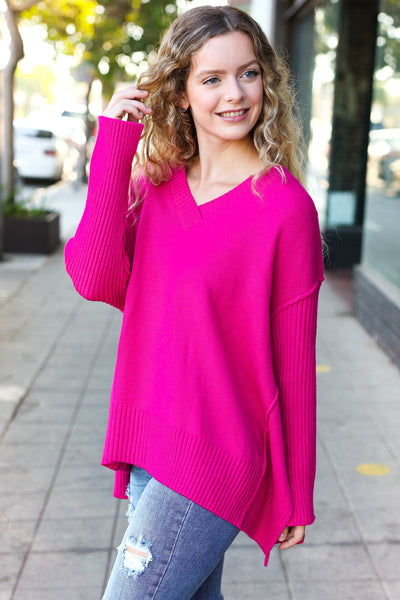 Explore More Collection - Be Bold Magenta Oversized V Neck Rib Knit Sweater