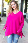 Explore More Collection - Be Bold Magenta Oversized V Neck Rib Knit Sweater