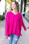 Explore More Collection - Be Bold Magenta Oversized V Neck Rib Knit Sweater