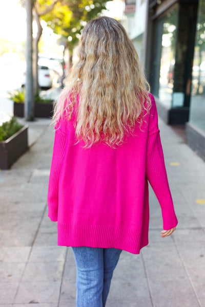 Explore More Collection - Be Bold Magenta Oversized V Neck Rib Knit Sweater