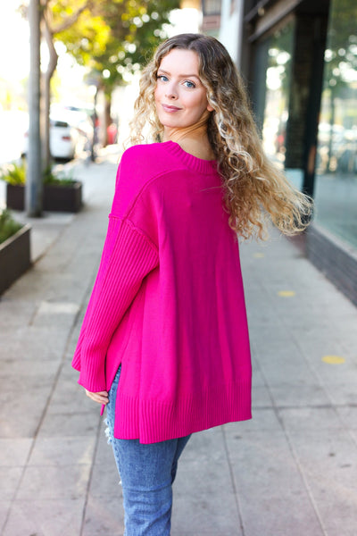 Explore More Collection - Be Bold Magenta Oversized V Neck Rib Knit Sweater