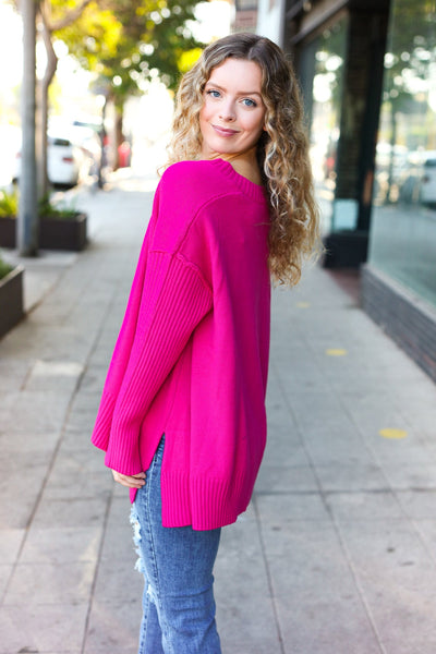 Explore More Collection - Be Bold Magenta Oversized V Neck Rib Knit Sweater