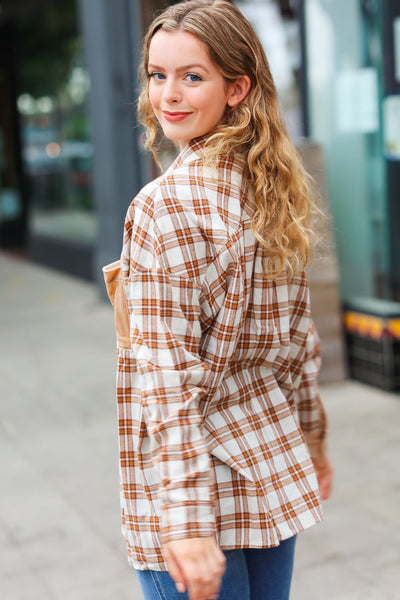 Explore More Collection - Eyes On You Taupe Plaid Velvet Pocket Button Down Top
