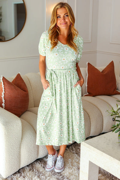 Explore More Collection - Sage Floral Print Fit & Flare Sash Belt V Neck Dress