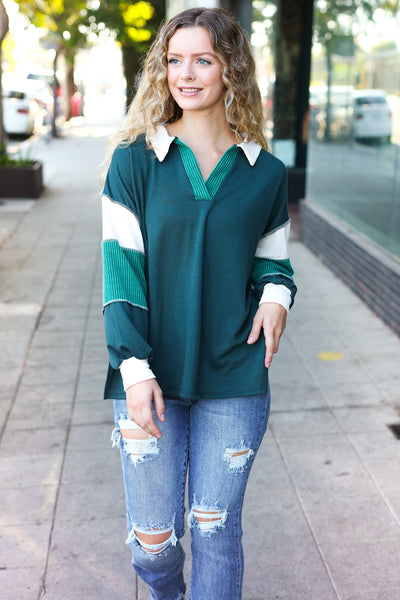 Explore More Collection - Falling For You Hunter Green Color Block Collared French Terry Top