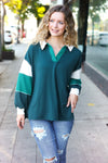 Explore More Collection - Falling For You Hunter Green Color Block Collared French Terry Top