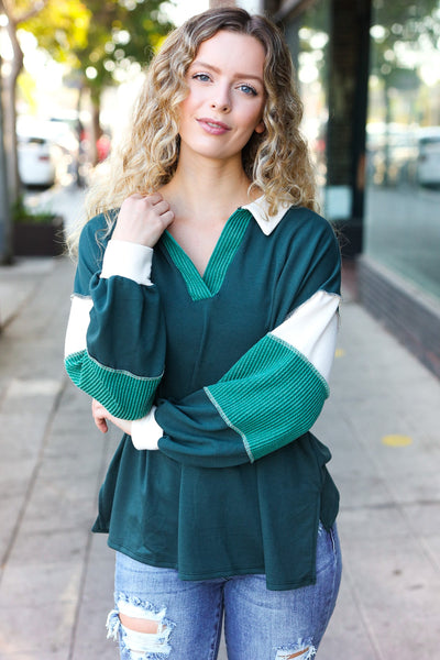 Explore More Collection - Falling For You Hunter Green Color Block Collared French Terry Top