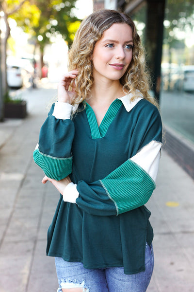 Explore More Collection - Falling For You Hunter Green Color Block Collared French Terry Top