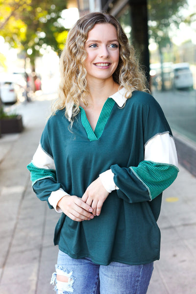 Explore More Collection - Falling For You Hunter Green Color Block Collared French Terry Top