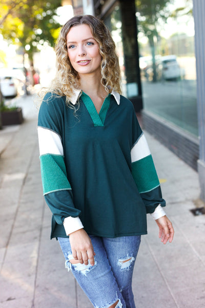 Explore More Collection - Falling For You Hunter Green Color Block Collared French Terry Top