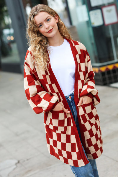 Explore More Collection - Can't Help But Love Rust Checkered Open Cardigan