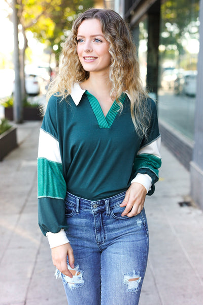 Explore More Collection - Falling For You Hunter Green Color Block Collared French Terry Top