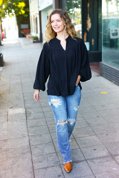 Explore More Collection - Boho Vibes Black Notched Neck Smocked Bubble Sleeve Top