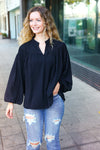 Explore More Collection - Boho Vibes Black Notched Neck Smocked Bubble Sleeve Top