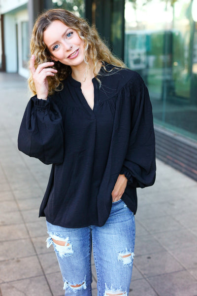 Explore More Collection - Boho Vibes Black Notched Neck Smocked Bubble Sleeve Top